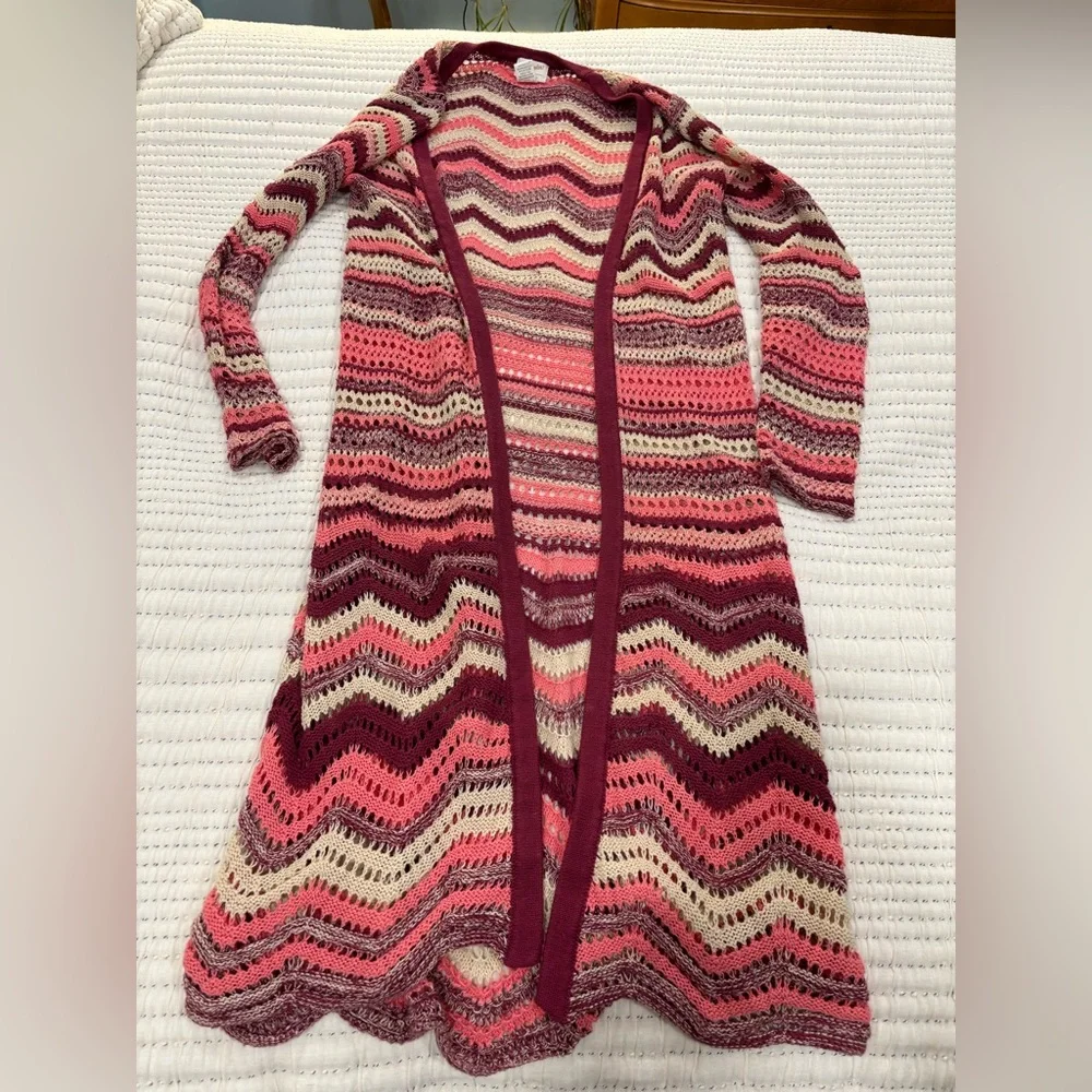 Wrangler Crocheted Boho Festival Cranberry Coral Duster Cardigan - Small
